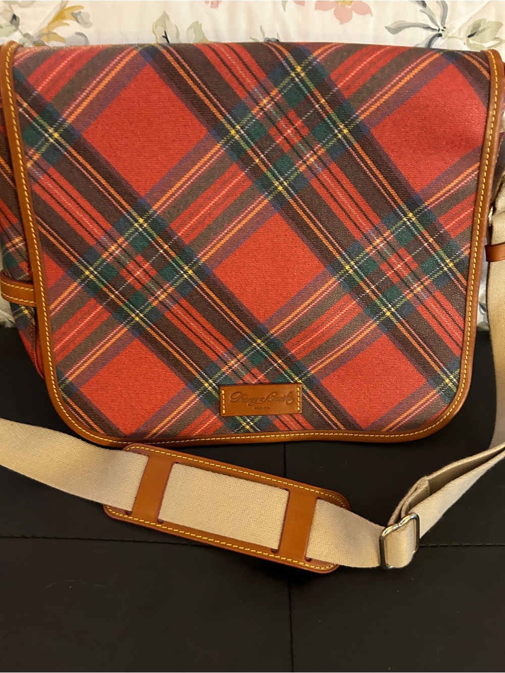 Dooney & Bourke Red Plaid Messenger with Tan Trim